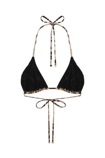 Dolce gabbana women’s black triangle bikini top with leopard print tie and fringe trim for stylish swimwear