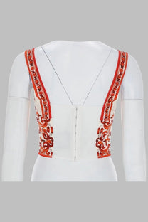 Dolce &amp; Gabbana women’s white charmeuse bustier top with vibrant red and black ornate embroidery on straps and sides
