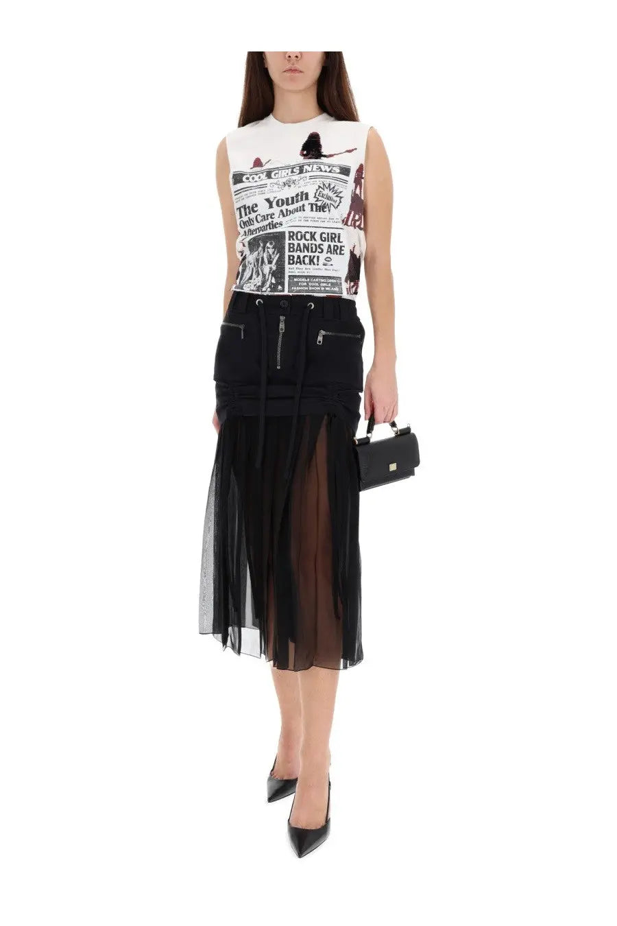 Black sheer mesh midi skirt with side zippers and drawstring waistband from dolce &amp; gabbana women’s top white collection