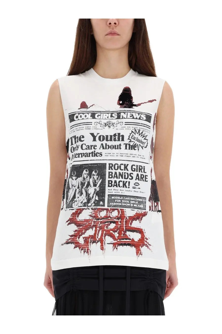 Dolce &amp; Gabbana women’s white sleeveless top with black and red rock music-themed graphic print
