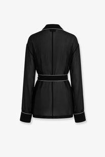Dolce &amp; Gabbana women’s black satin blazer with white piping along collar waistband and cuffs for elegant wear
