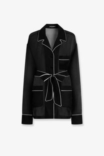 Dolce &amp; gabbana women’s vanity black silk pajama top with white contrast stitching and self-tie belt in chiffon