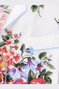 Dolce &amp; Gabbana women’s white silk pajama top with vibrant red pink blue floral print and light blue piping accents