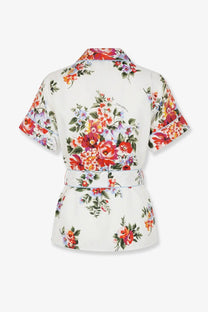 Dolce &amp; Gabbana women’s vanity silk shirt white short-sleeved blouse with vibrant red orange and purple floral pattern