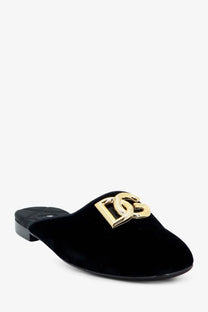 Dolce &amp; Gabbana women’s black velvet mule slip-on shoe with gold-tone interlocking d logo buckle