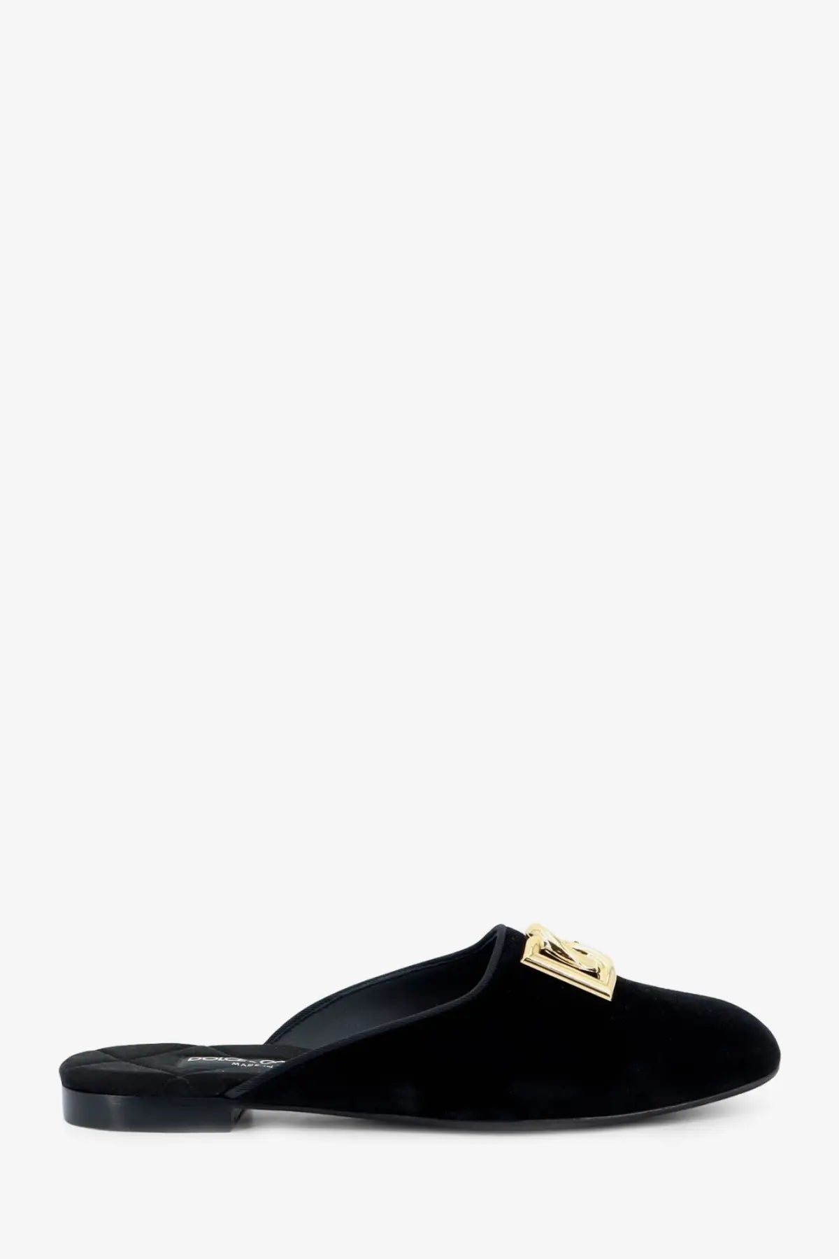 Dolce &amp; Gabbana women’s black velvet mule slip-on shoe with gold-tone rectangular logo plaque on the vamp
