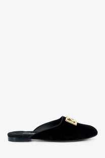 Dolce &amp; Gabbana women’s black velvet mule slip-on shoe with gold-tone rectangular logo plaque on the vamp