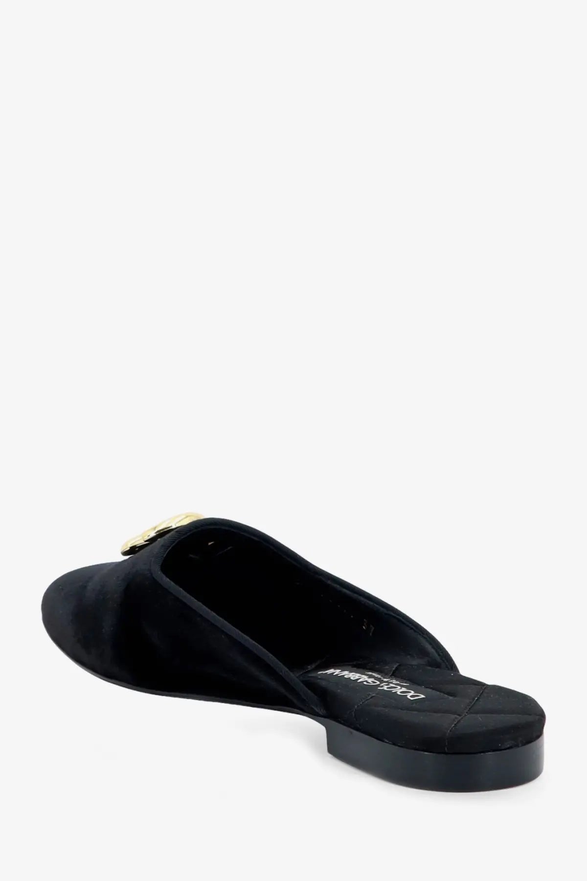Dolce &amp; Gabbana women’s black velvet mule slip-on shoe with gold-tone buckle accent and sabot style design
