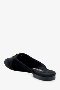 Dolce &amp; Gabbana women’s black velvet mule slip-on shoe with gold-tone buckle accent and sabot style design