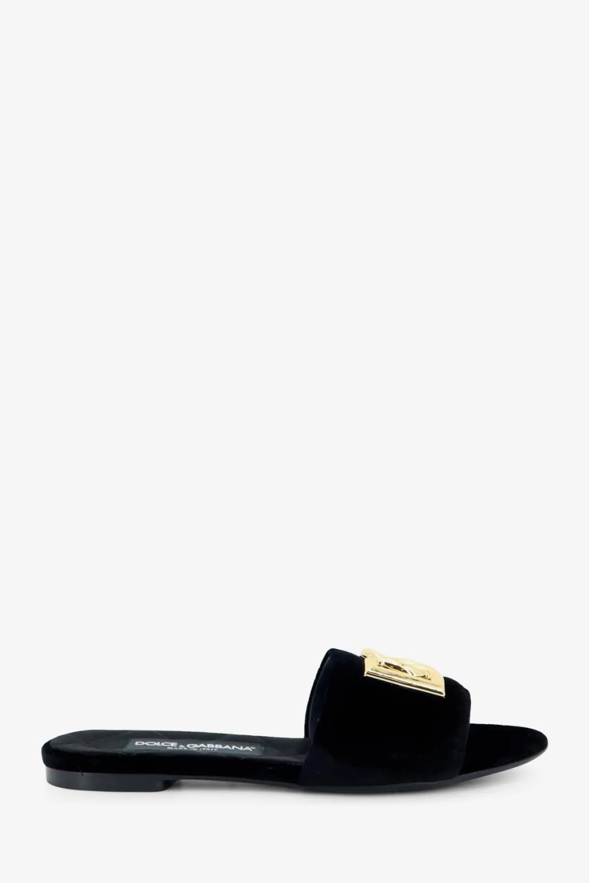 Dolce &amp; Gabbana women’s black velvet slide sandal with a gold-tone rectangular buckle logo detail