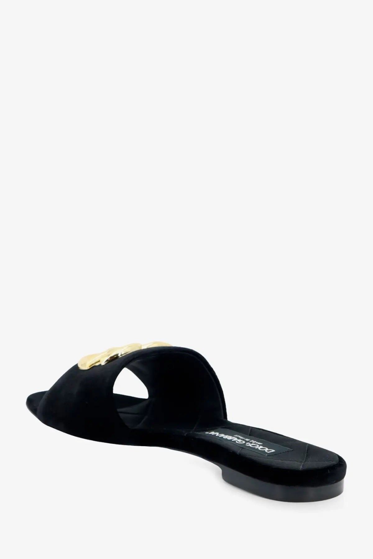 Dolce &amp; Gabbana women’s black velvet slide sandal with gold-tone medusa head embellishment front view
