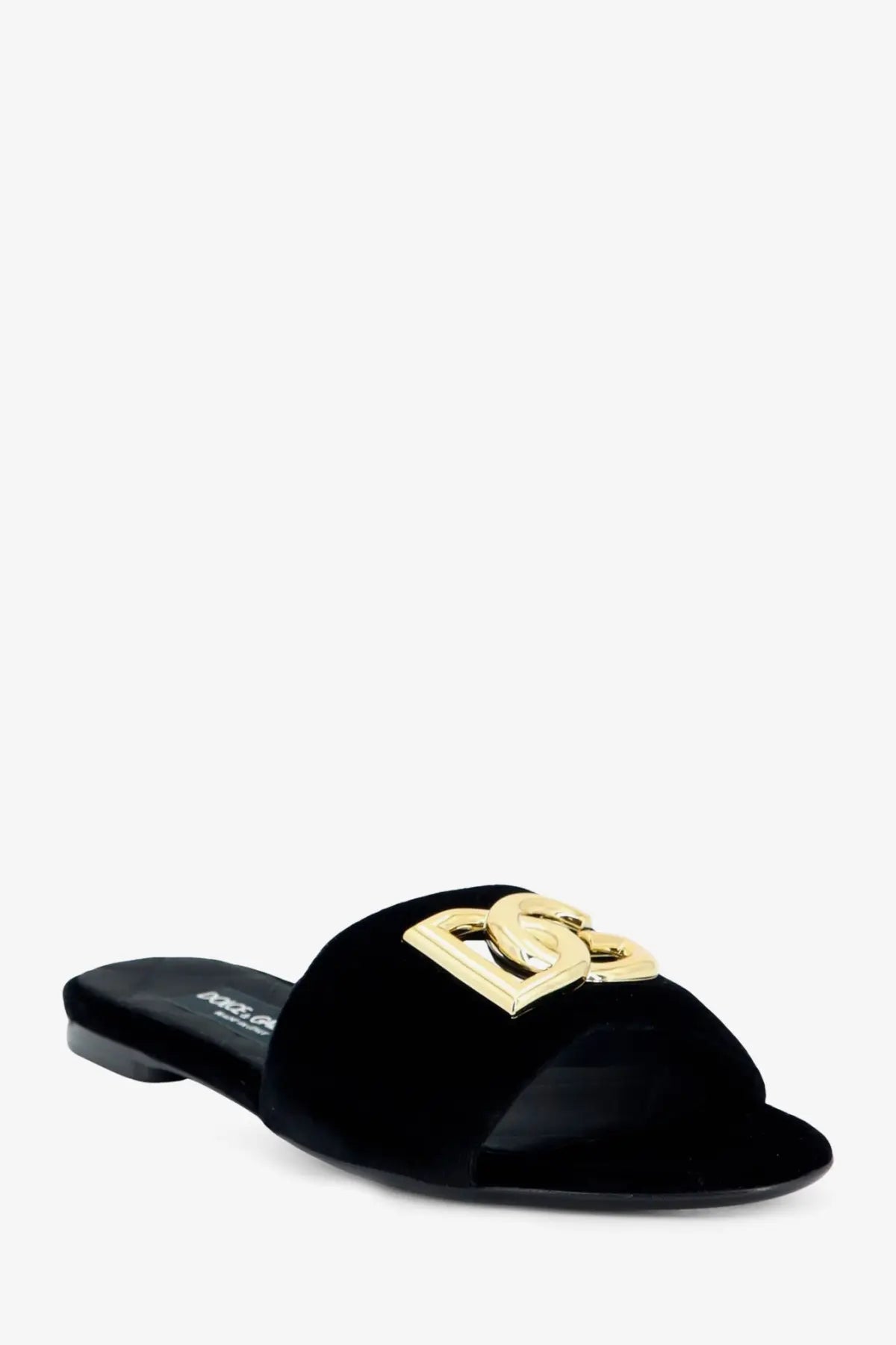 Dolce &amp; Gabbana women’s black velvet slide sandal with gold-tone interlocking D logo buckle