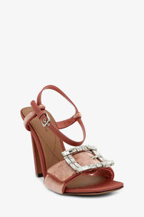 Dolce &amp; gabbana women’s dusty rose velvet sandal with crystal encrusted rectangular buckle and medium heel