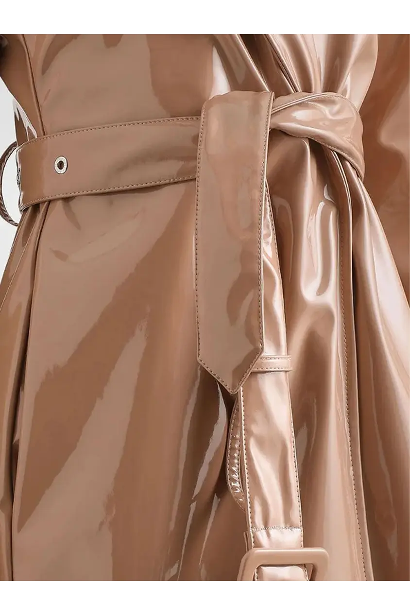 Dolce &amp; gabbana women’s vinyl pink trench coat with glossy taupe finish and matching belt and buckle