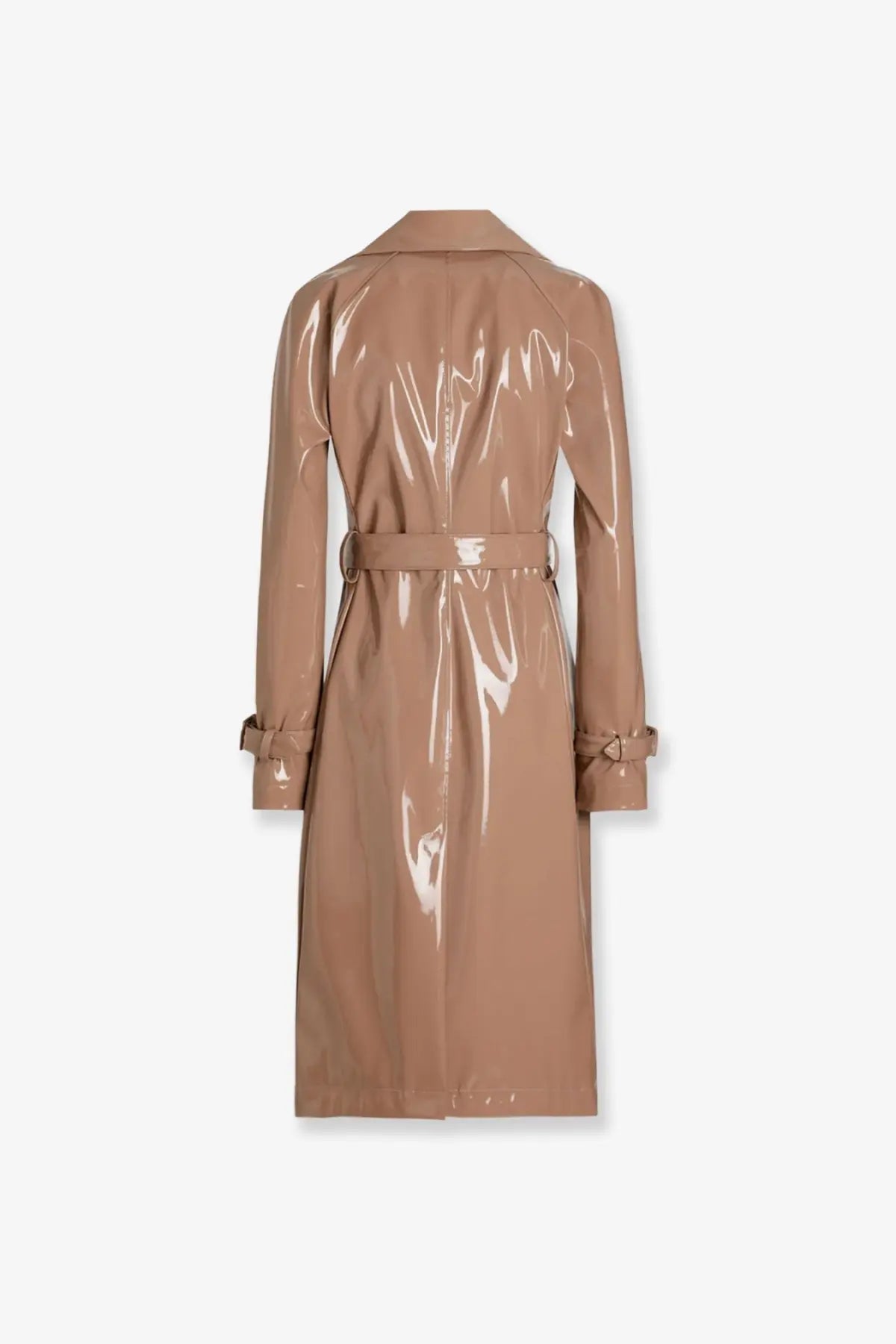 Dolce &amp; Gabbana women’s vinyl taupe trench coat with belted waist and tied cuffs in glossy finish
