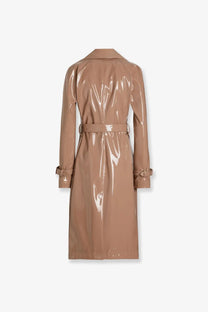 Dolce &amp; Gabbana women’s vinyl taupe trench coat with belted waist and tied cuffs in glossy finish
