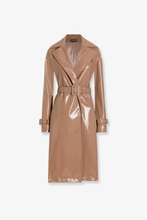 Dolce &amp; Gabbana women’s pink vinyl trench coat with glossy taupe finish, structured collar, and belted waist buckle