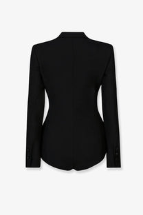 Dolce &amp; Gabbana women’s black virgin wool blend tuxedo blazer with structured shoulders and modern silhouette