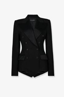 Dolce &amp; Gabbana women’s black virgin wool blend double-breasted tuxedo blazer with satin lapels and structured shoulders