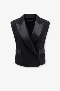 Dolce and gabbana womens black virgin wool and silk blend double breasted tuxedo vest with satin lapels and buttons