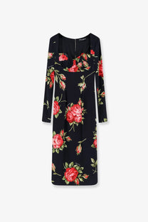 Dolce &amp; Gabbana women’s black viscose dress with vibrant red rose floral pattern long sleeves and square neckline