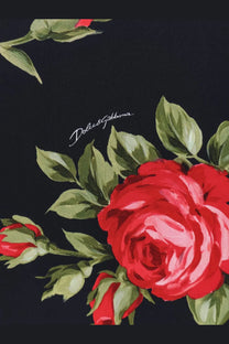 Dolce &amp; gabbana women’s viscose dress black with vibrant red rose green leaf pattern and white logo embroidery