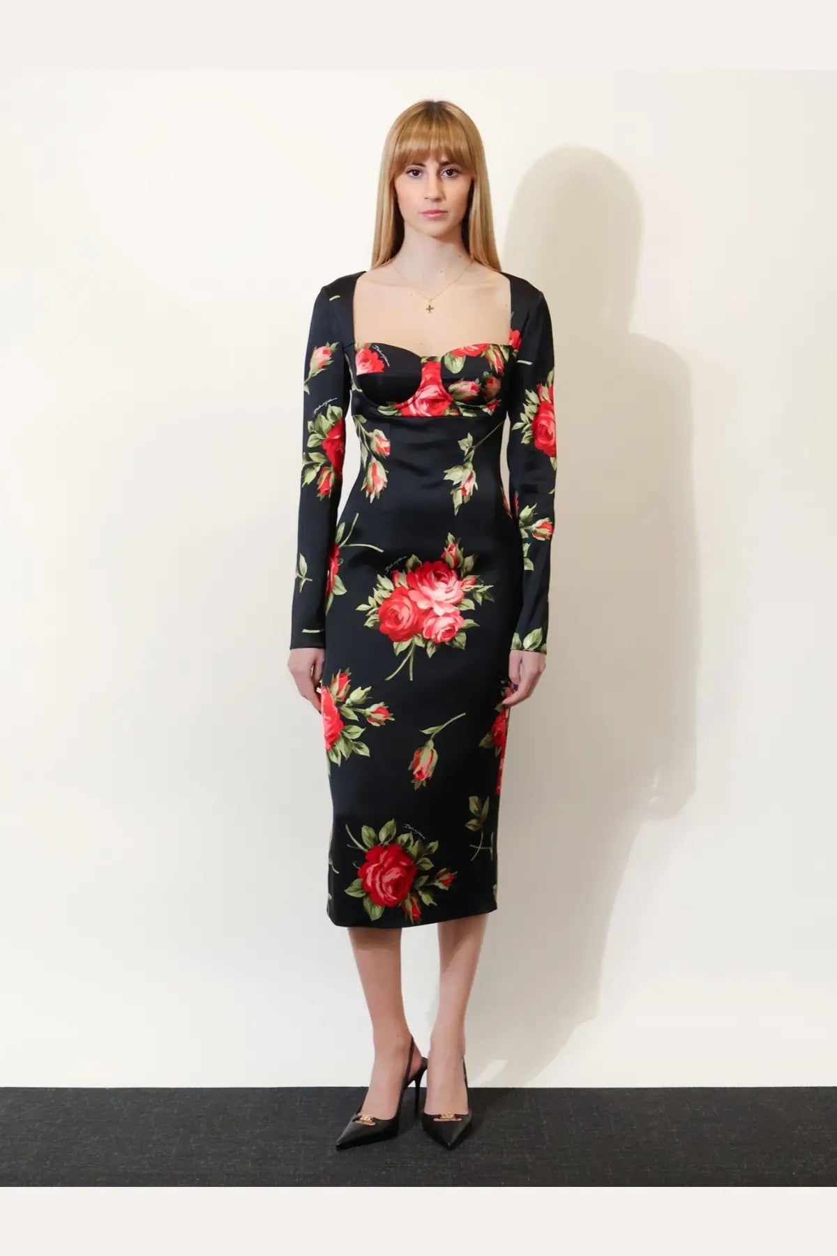 Dolce &amp; Gabbana women’s black viscose midi dress with long sleeves square neckline and red rose floral print satin fabric