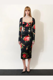 Dolce &amp; Gabbana women’s black viscose midi dress with long sleeves square neckline and red rose floral print satin fabric