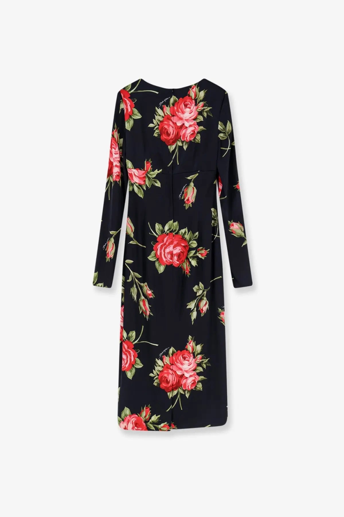 Dolce &amp; Gabbana women’s black viscose dress with long sleeves and red rose floral pattern with green leaves