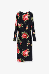 Dolce &amp; Gabbana women’s black viscose dress with long sleeves and red rose floral pattern with green leaves