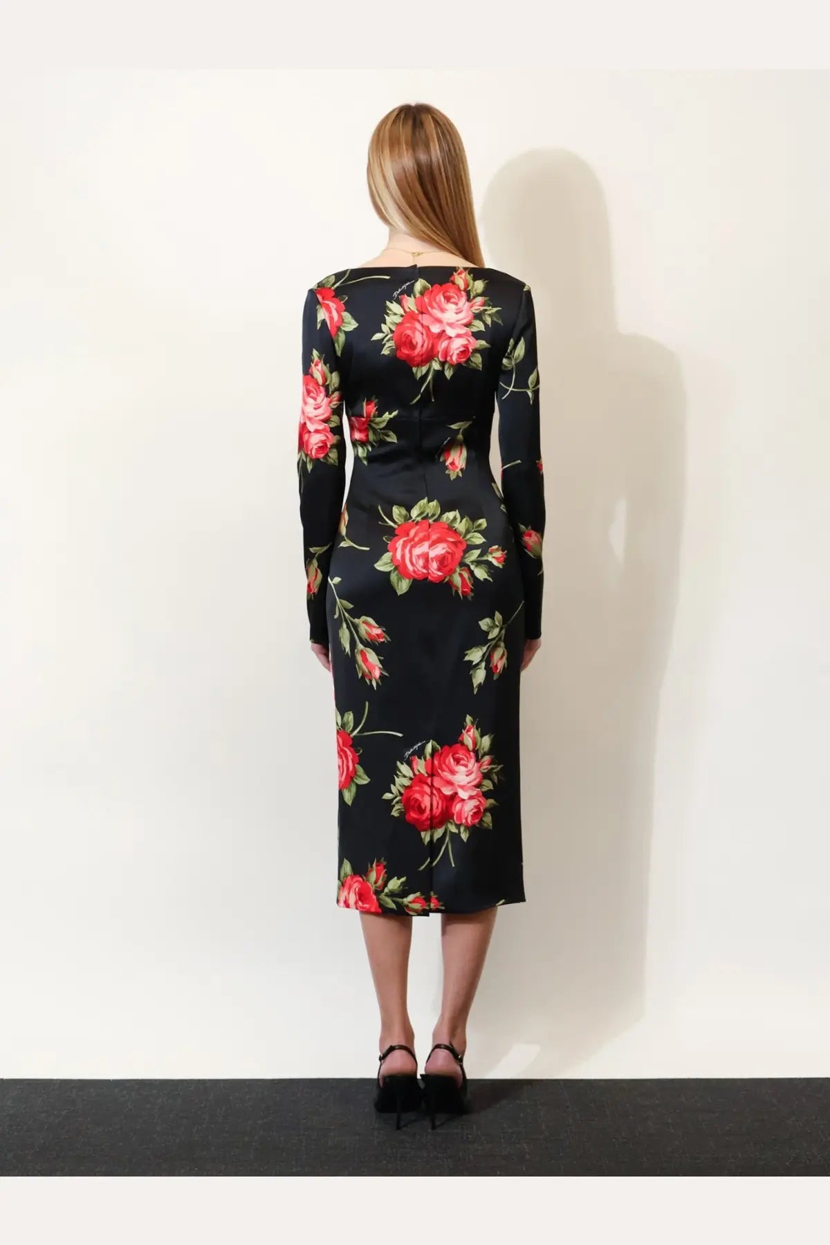 Dolce &amp; Gabbana women’s viscose black midi dress with vibrant red rose floral print and long sleeves
