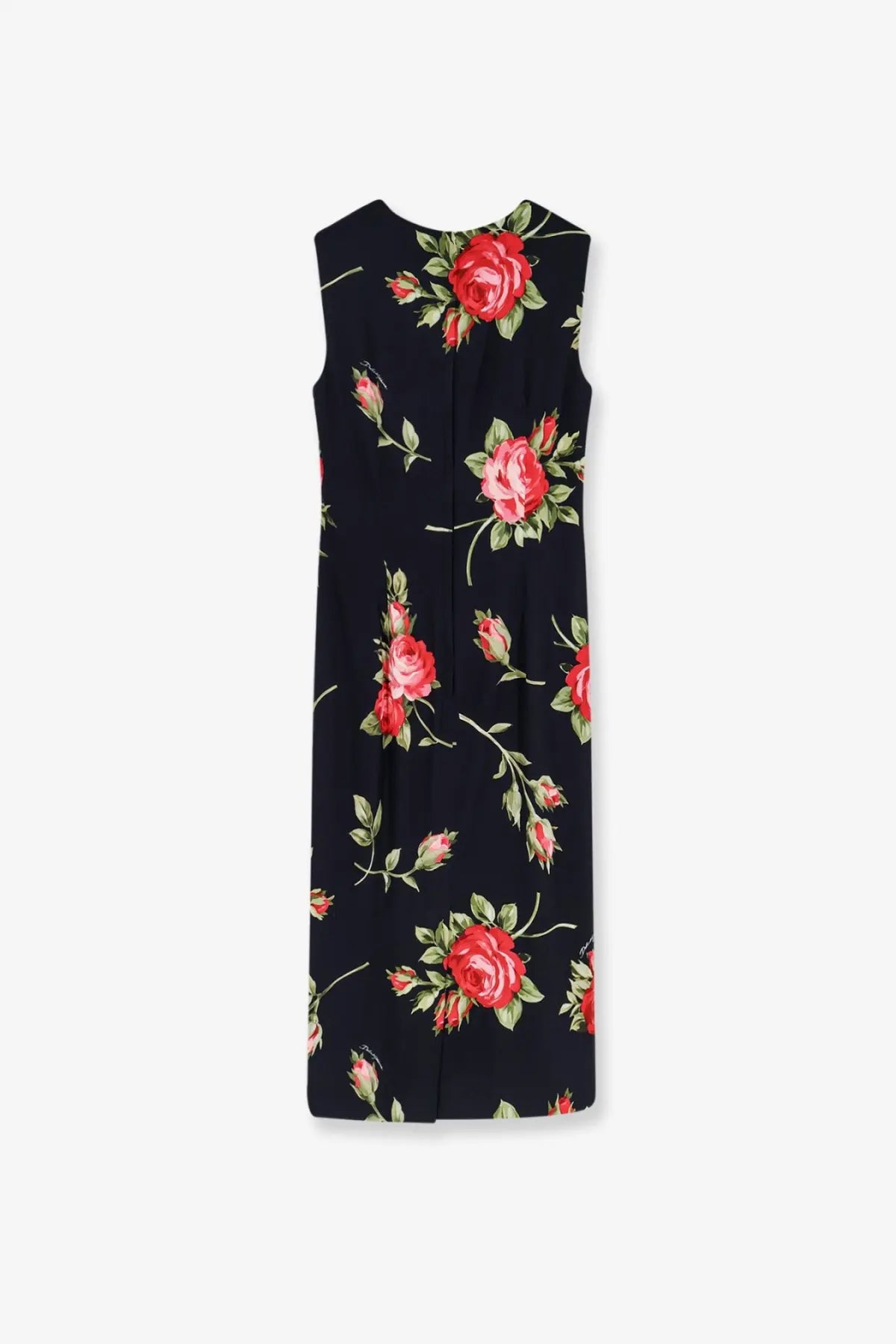 Dolce &amp; Gabbana women’s navy blue viscose sleeveless dress with vibrant red rose and green leaf pattern