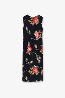 Dolce &amp; Gabbana women’s navy blue viscose sleeveless dress with vibrant red rose and green leaf pattern