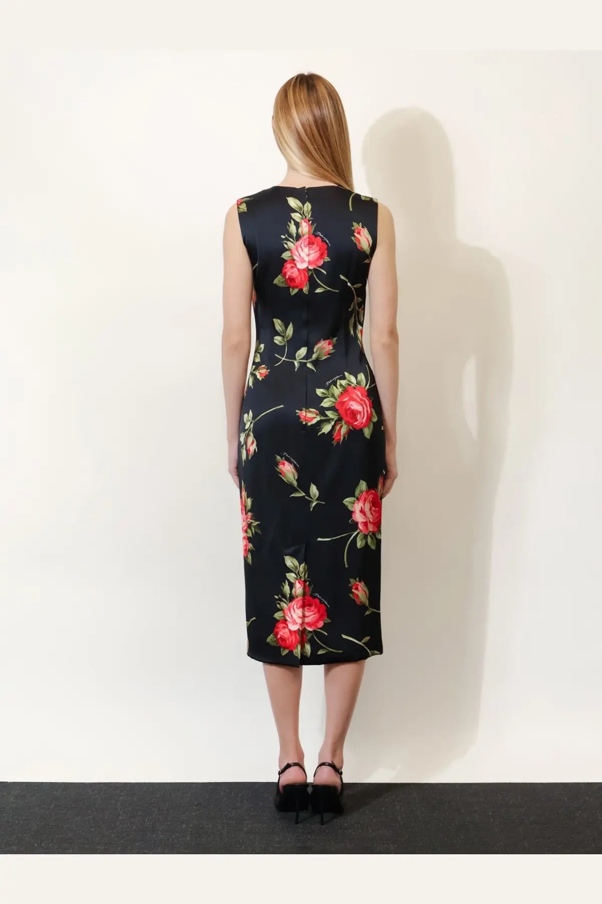 Dolce &amp; Gabbana women’s black satin midi dress with vibrant red rose floral pattern and green leaves details