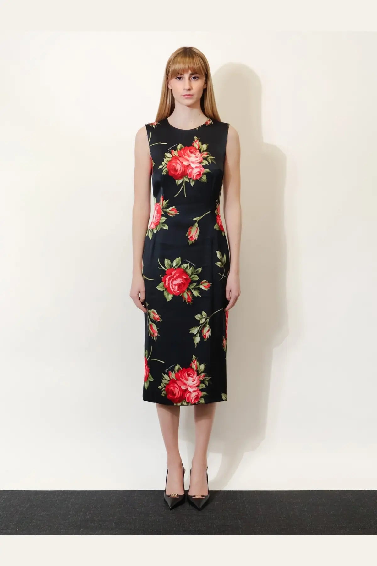 Dolce &amp; Gabbana womens black viscose sleeveless midi dress with vibrant red roses and green foliage print