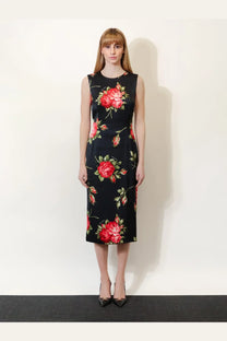 Dolce &amp; Gabbana womens black viscose sleeveless midi dress with vibrant red roses and green foliage print