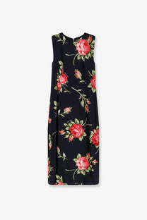 Dolce &amp; Gabbana women’s black viscose sleeveless dress with vibrant red rose floral pattern and green stems and leaves
