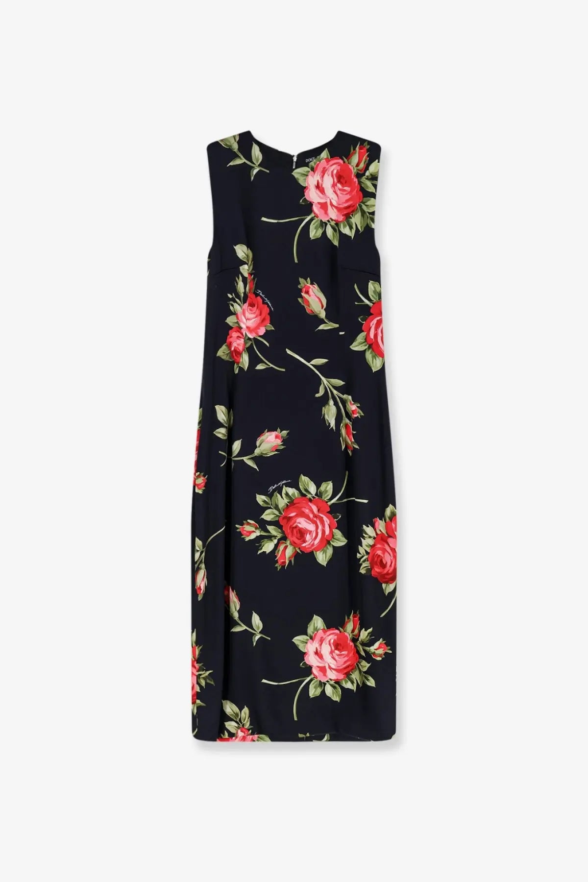 Dolce &amp; Gabbana women’s black viscose sleeveless dress with vibrant red rose floral pattern and green stems