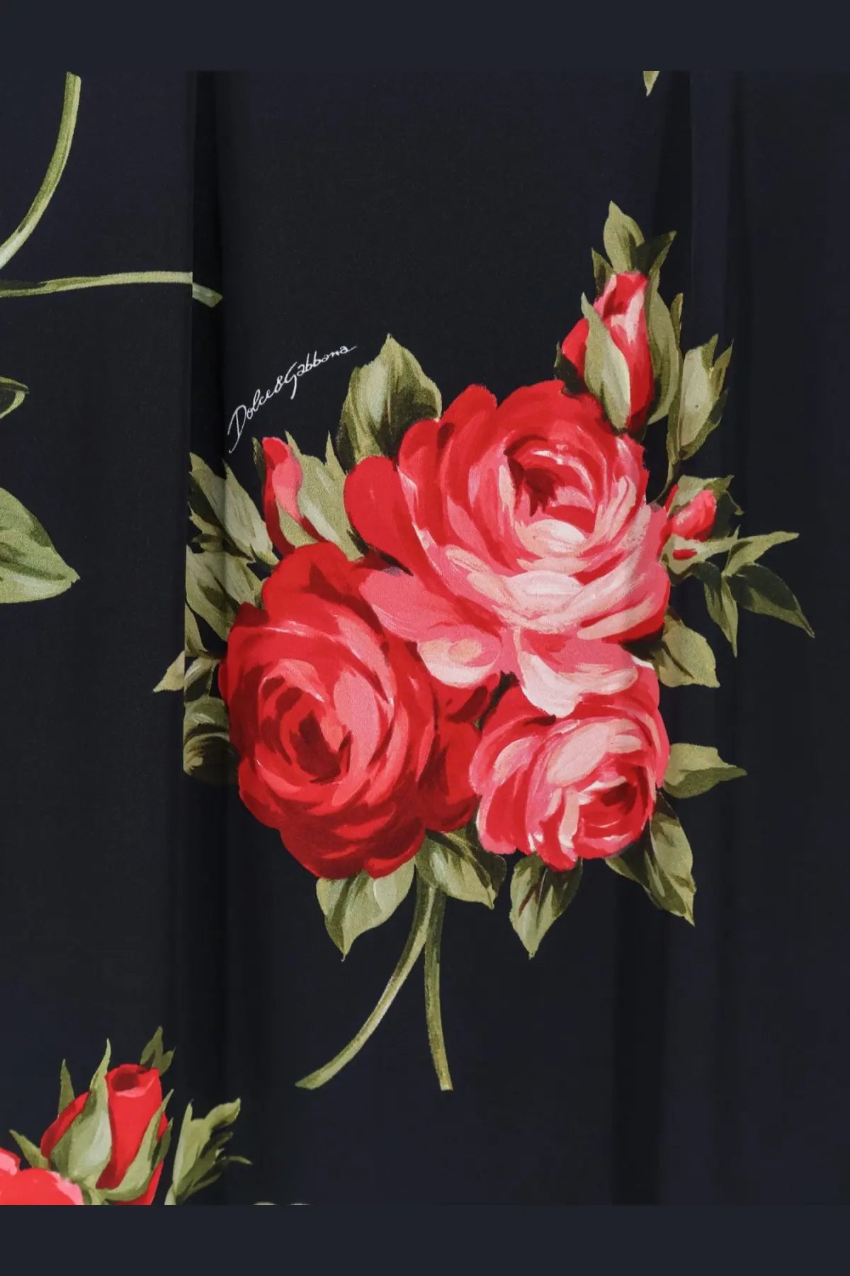 Dolce &amp; gabbana women’s viscose black dress with vibrant red roses and green leaves on dark navy fabric featuring logo