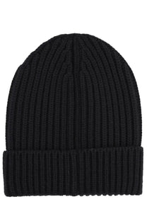Dolce &amp; Gabbana women’s black wool cap featuring a ribbed knit design with a folded cuff for warmth and style