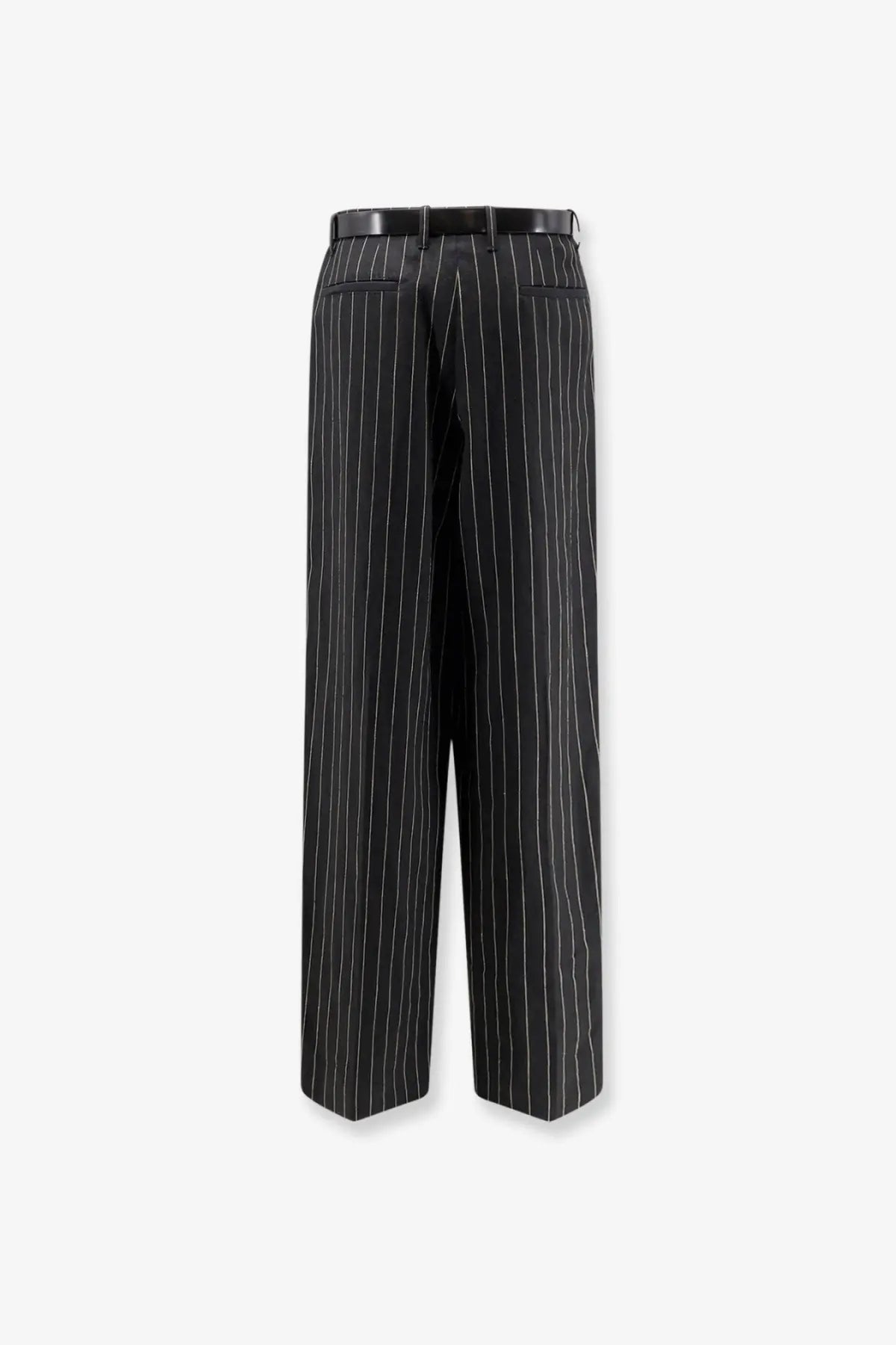 Black pinstripe wide-leg wool and linen blend trousers with sleek tailored fit and matching belt by dolce and gabbana