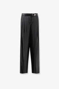Dolce &amp; Gabbana women’s black pinstripe wool and linen blend trousers with a wide-leg cut and matching belt
