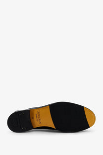 Black leather doucals men’s adler loafers with contrasting yellow rubber sole and brand name printed on the sole