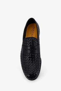 Black woven leather loafers with sleek textured pattern and smooth strap across the toe by Doucal’s Mens Adler