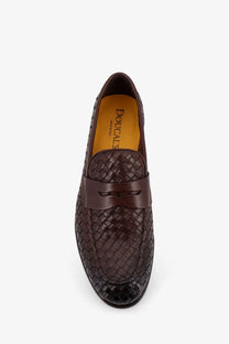 Doucal’s men’s adler leather loafers gold with brown woven braided leather and dark brown strap across the toe