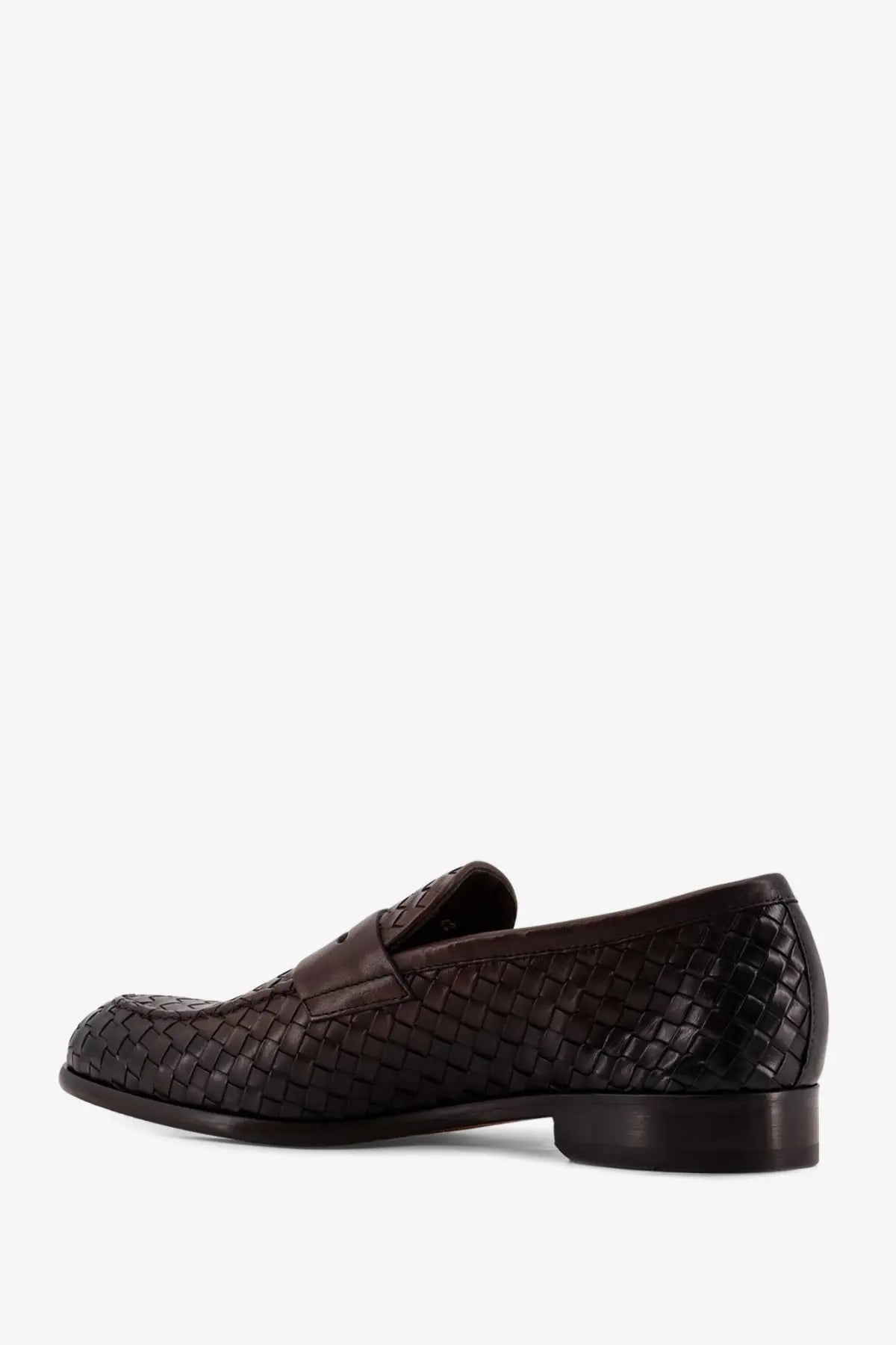 Doucal’s men’s adler leather loafers in dark brown woven leather with classic moccasin design and gold accents