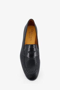 Doucal’s men’s braidy black leather loafer with woven texture and glossy black triangular strap detail