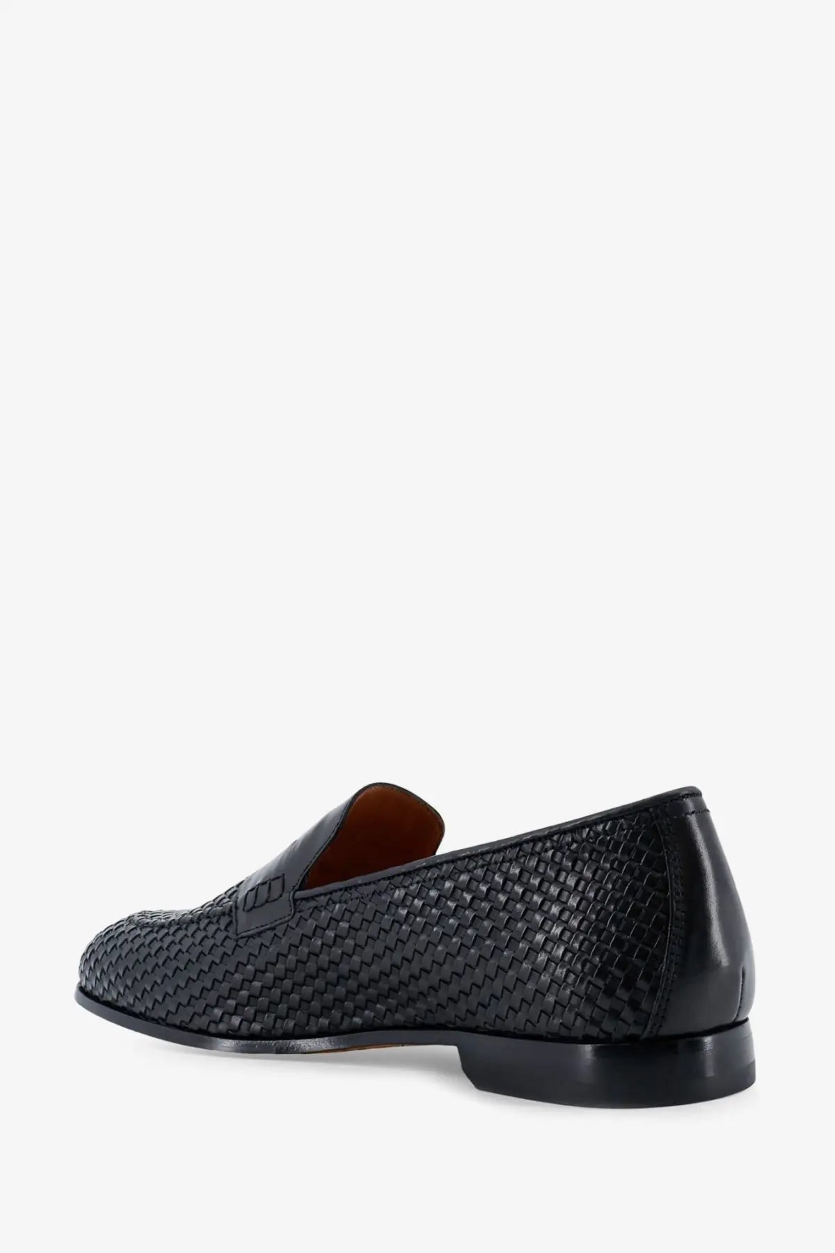 Doucal’s men’s braidy black leather loafer with woven design polished finish and contrasting brown interior lining
