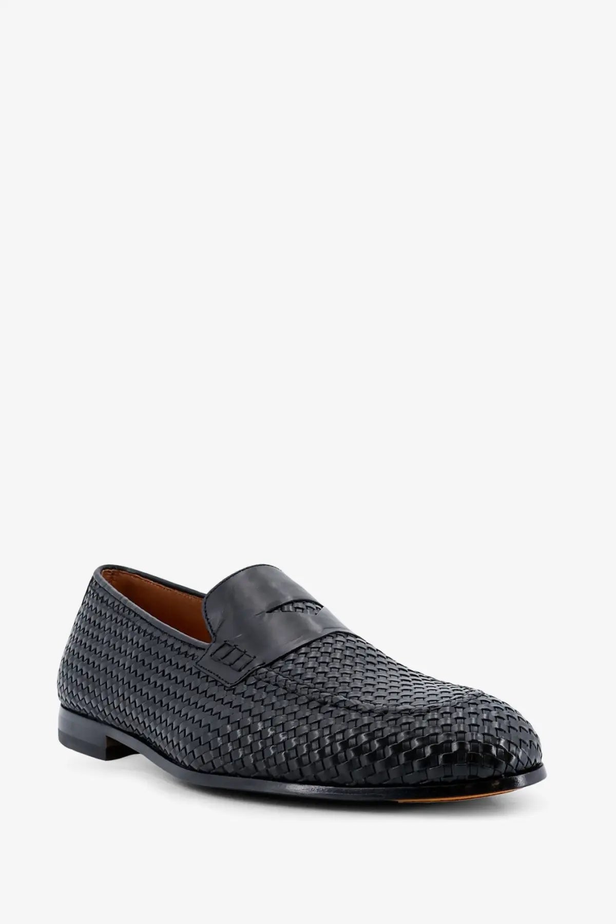 Doucal’s men’s Braidy black leather loafer with woven texture and smooth patent leather strap across the toe