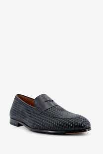 Doucal’s men’s braidy leather loafer in black with woven leather and smooth patent leather strap across the toe